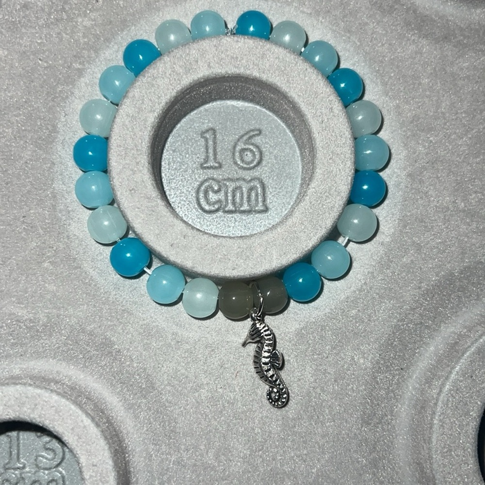 Blue and White Beaded Bracelet with Seahorse Charm